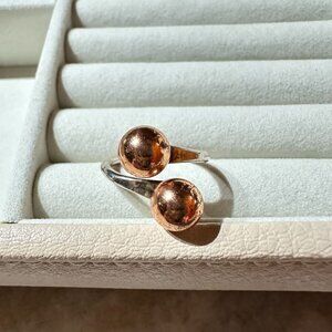 Vintage Silver-Filled Ring Size 6 3/4 Bi-pass Design Dual Copper-Toned Spheres